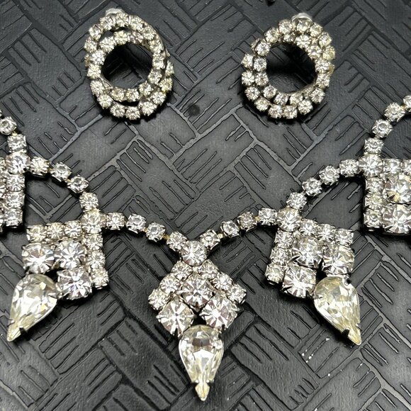 Vintage Rhinestone Jewelry Set Necklace Bracelet Earrings Bridal Prom Formal - Picture 7 of 12